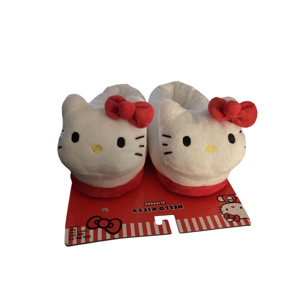 Hello Kitty Sanrio Plush Slippers White Red Bow 3D Characte House Shoes XS/S 5-6